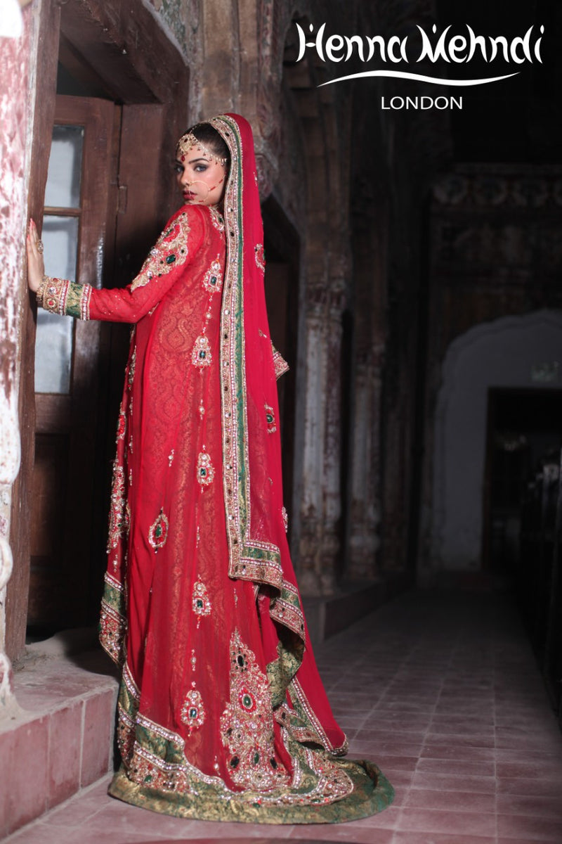 Red And Green Diamante Embroidered Bridal Outfit Henna Mehndi