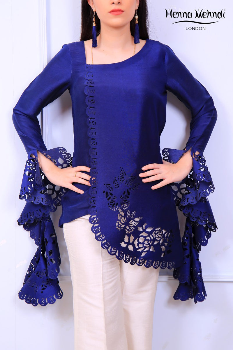 Navy Ruffle Sleeves Laser Cut Top Henna Mehndi