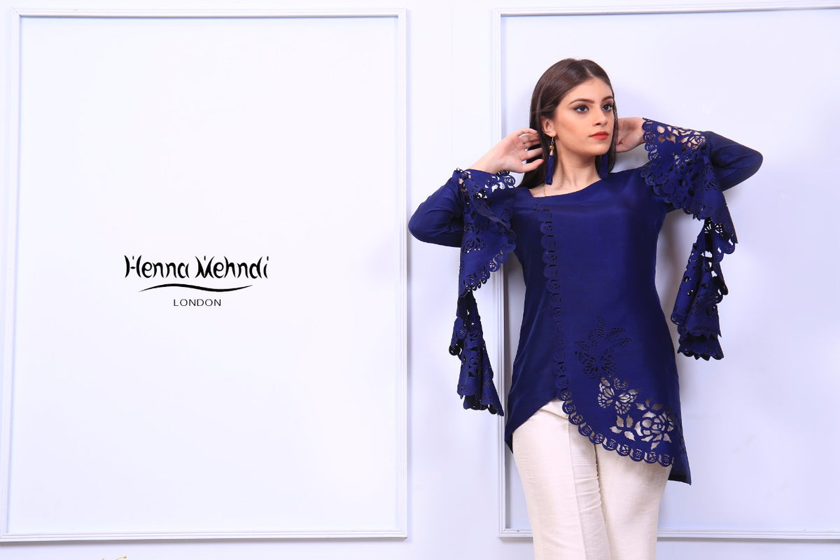 Navy Ruffle Sleeves Laser Cut Top Henna Mehndi