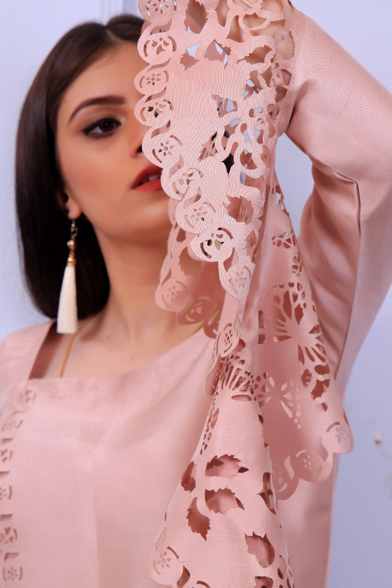Tea Pink Ruffle Sleeves Laser Cut Top Henna Mehndi