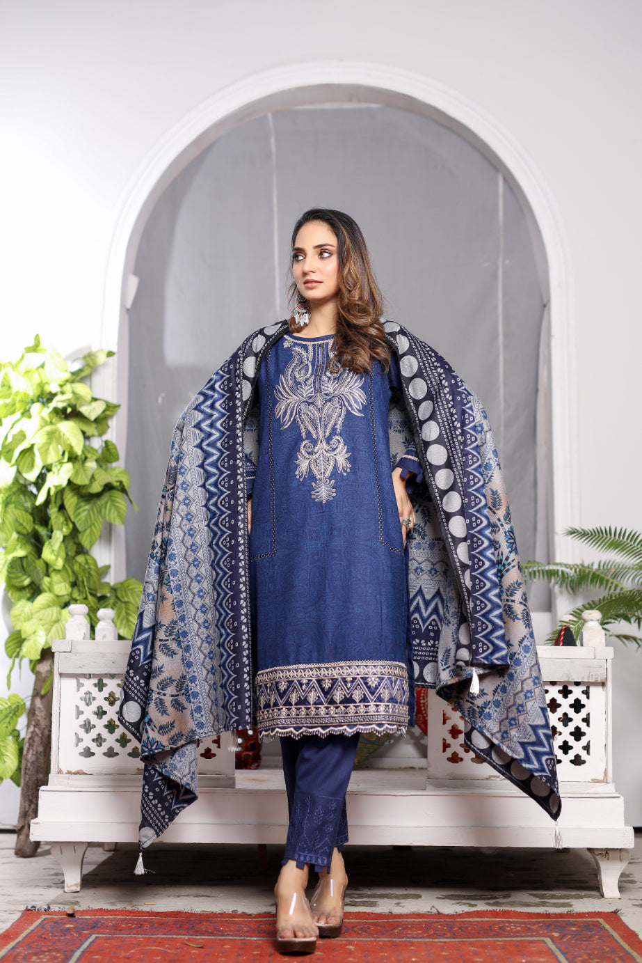 Blue Embroidered & Printed Outfit