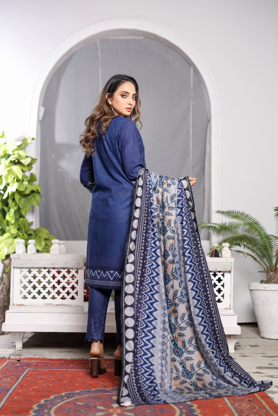 Blue Embroidered & Printed Outfit