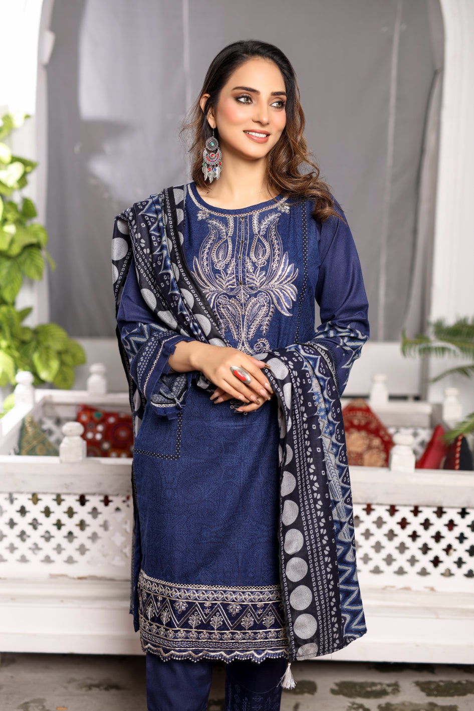 Blue Embroidered & Printed Outfit