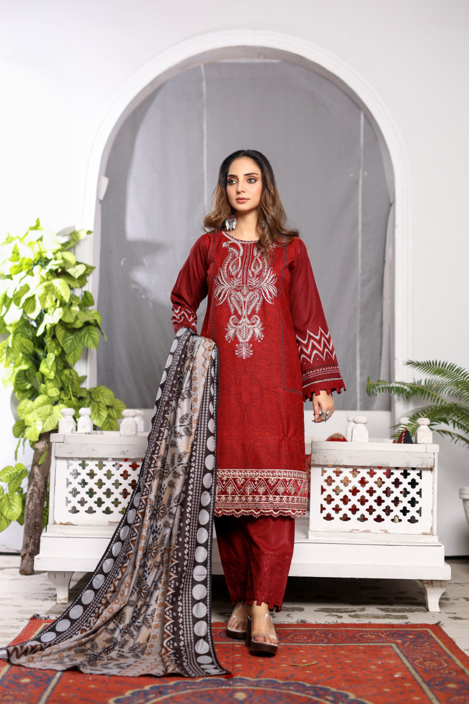 Red Embroidered & Printed Outfit