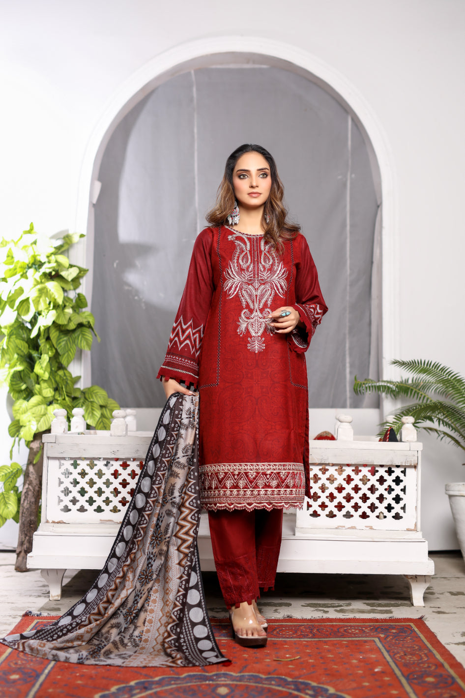 Red Embroidered & Printed Outfit