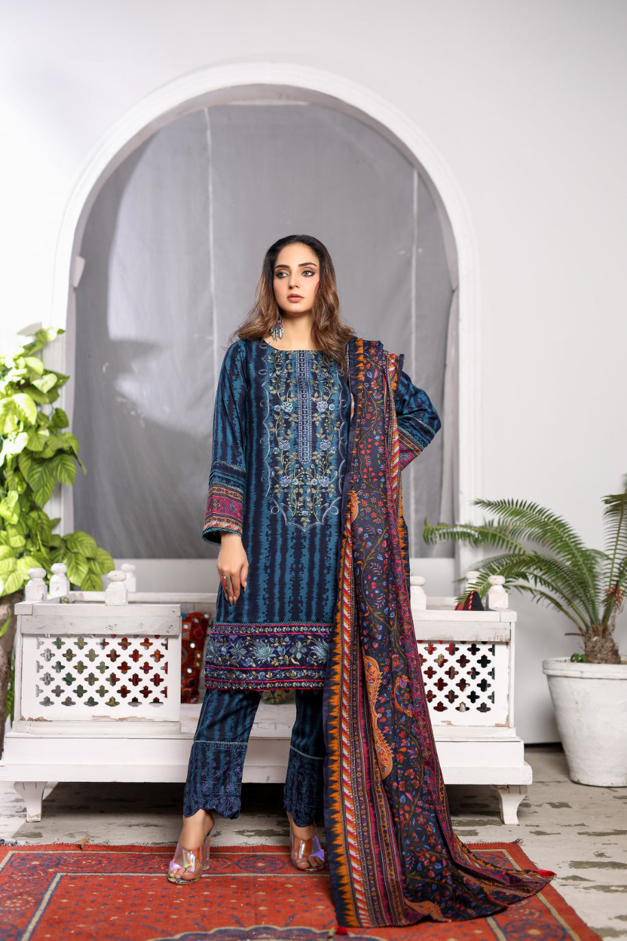 Blue Embroidered & Printed Outfit