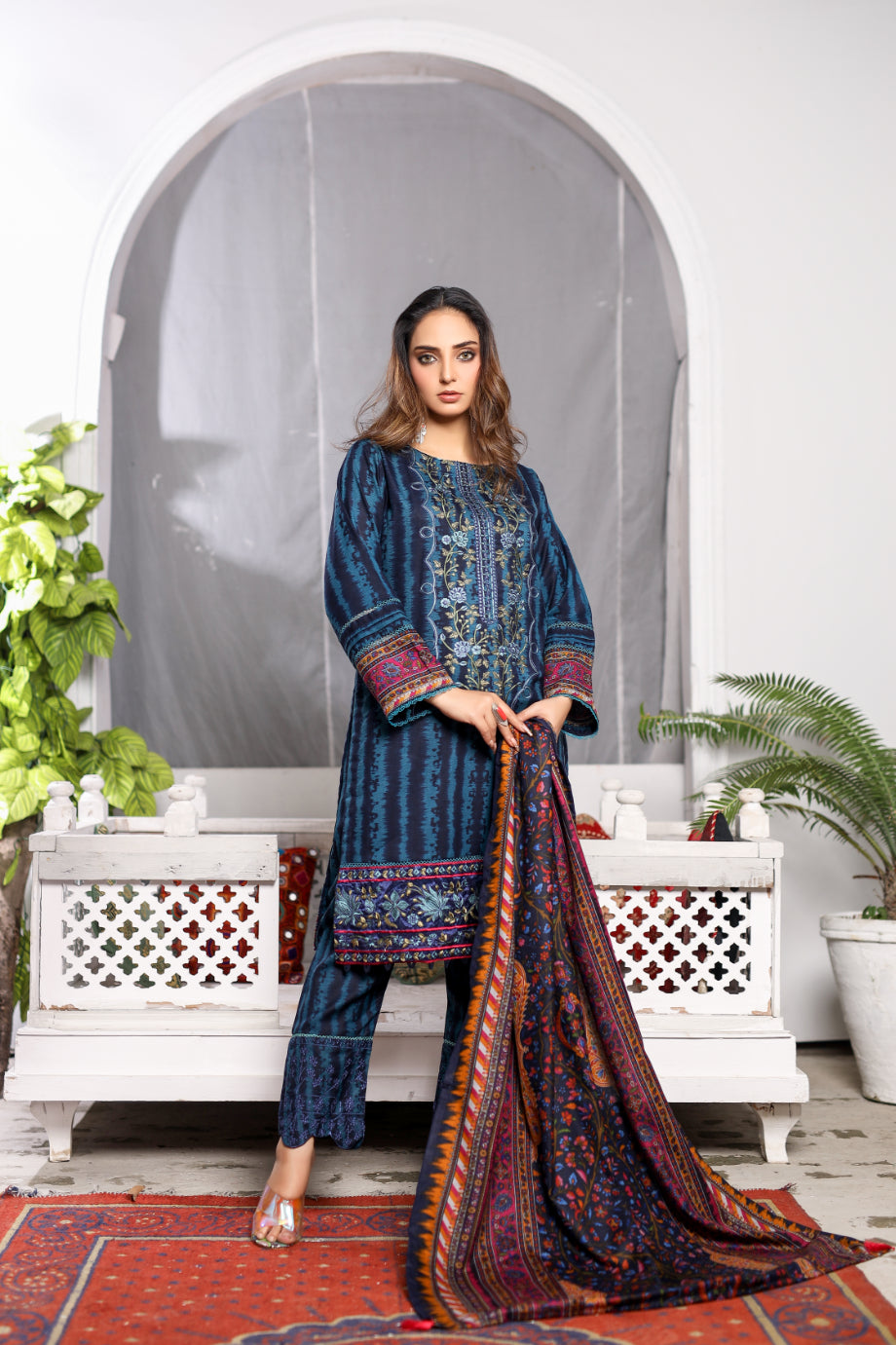 Blue Embroidered & Printed Outfit