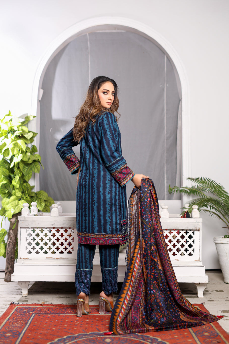 Blue Embroidered & Printed Outfit