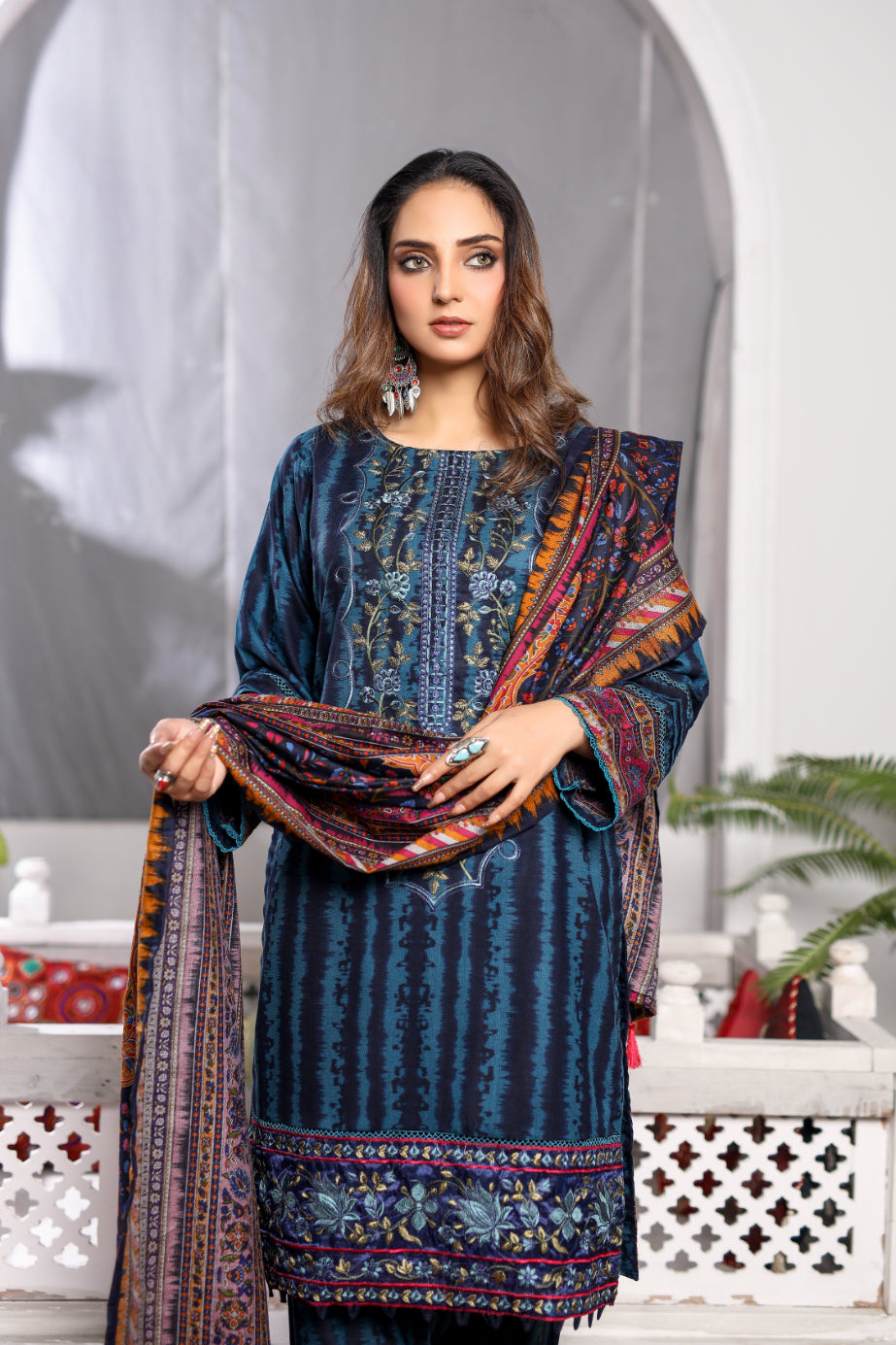 Blue Embroidered & Printed Outfit