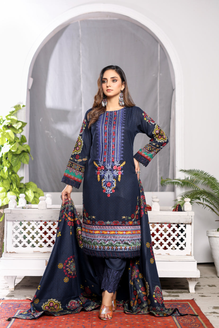 Blue Embroidered & Printed Outfit