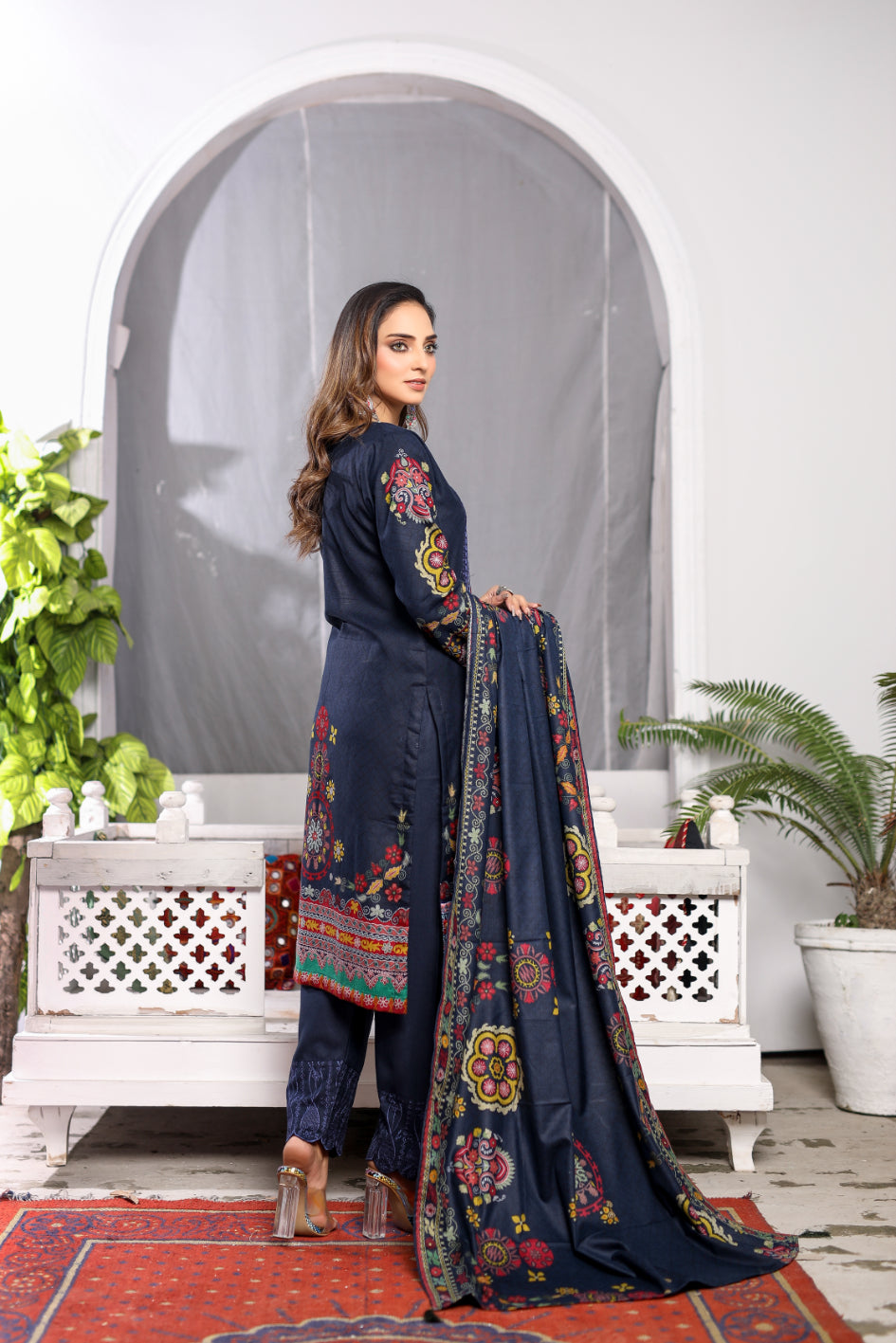 Blue Embroidered & Printed Outfit
