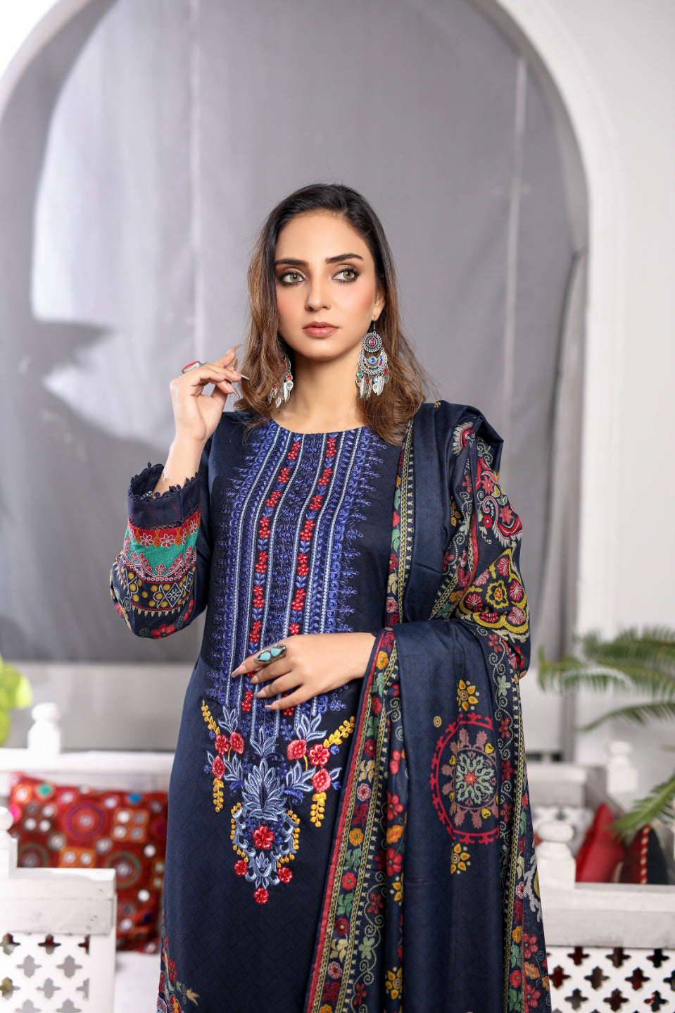 Blue Embroidered & Printed Outfit