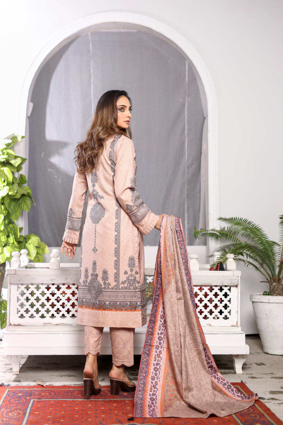 Beige Embroidered & Printed Outfit
