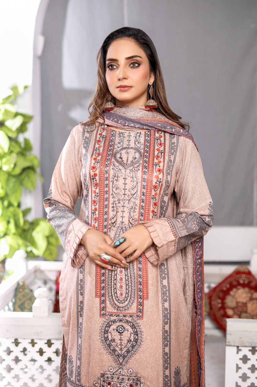 Beige Embroidered & Printed Outfit