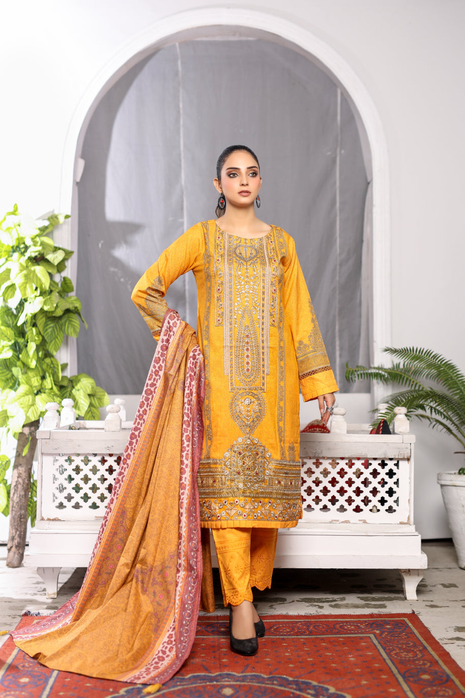 Mustard Embroidered & Printed Outfit