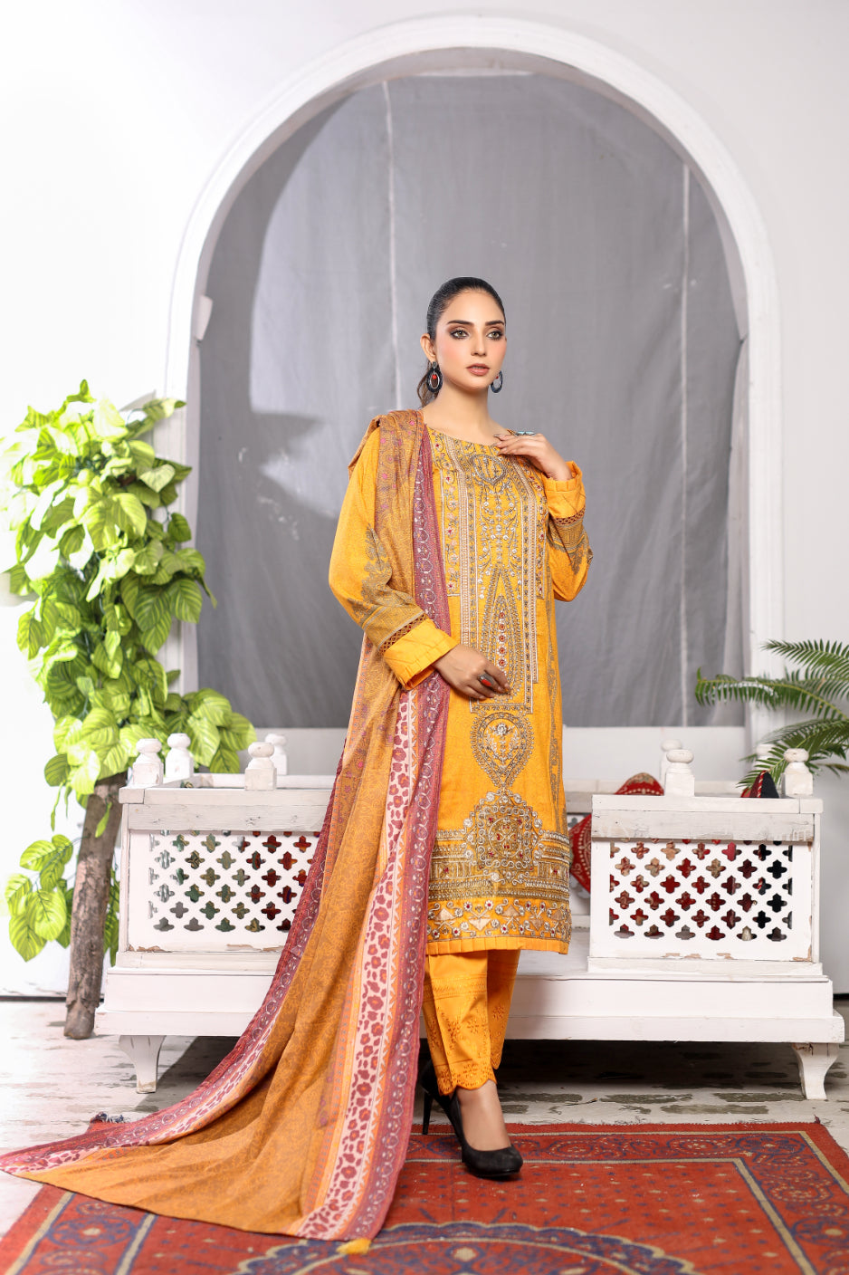 Mustard Embroidered & Printed Outfit