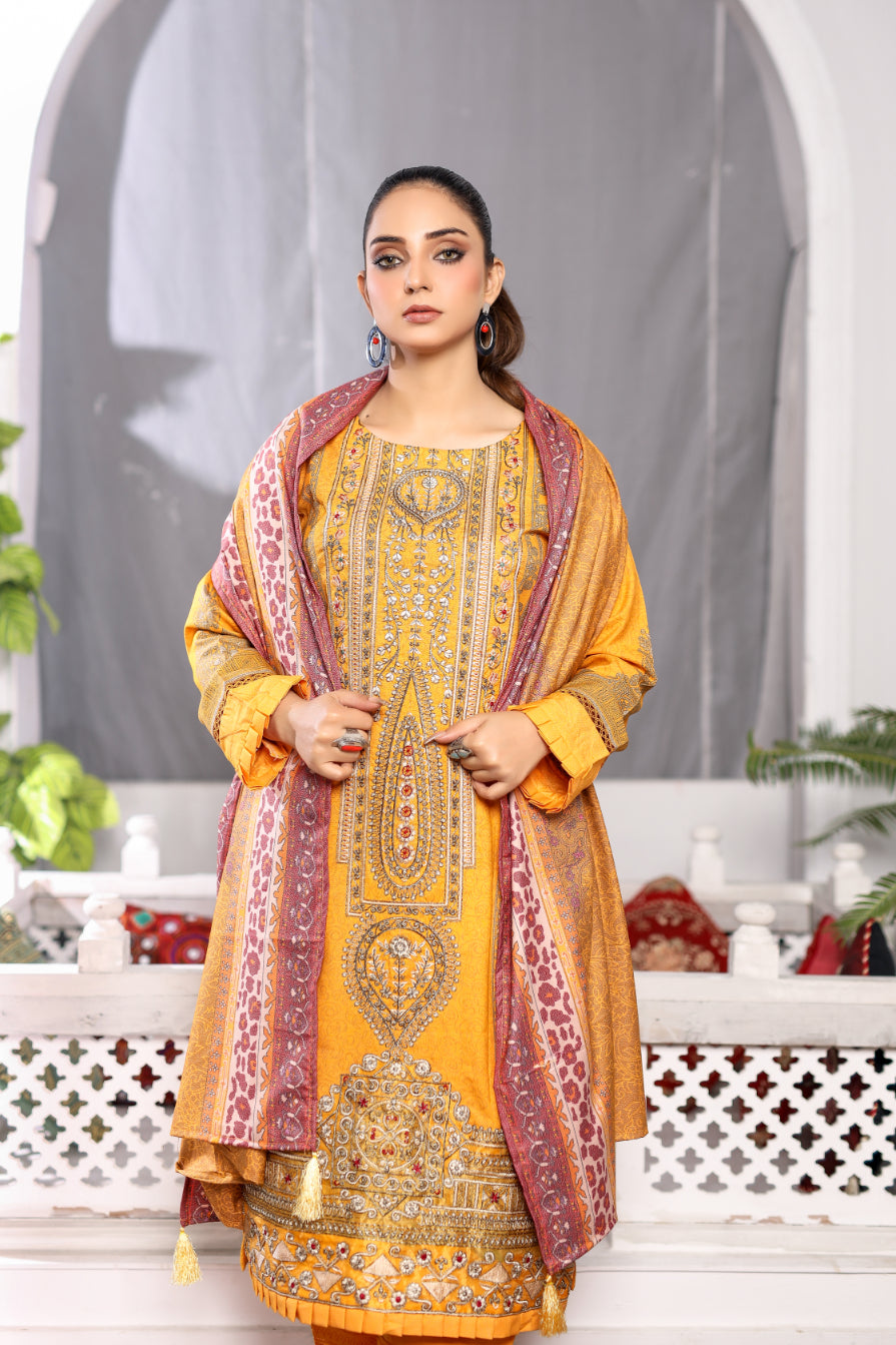 Mustard Embroidered & Printed Outfit