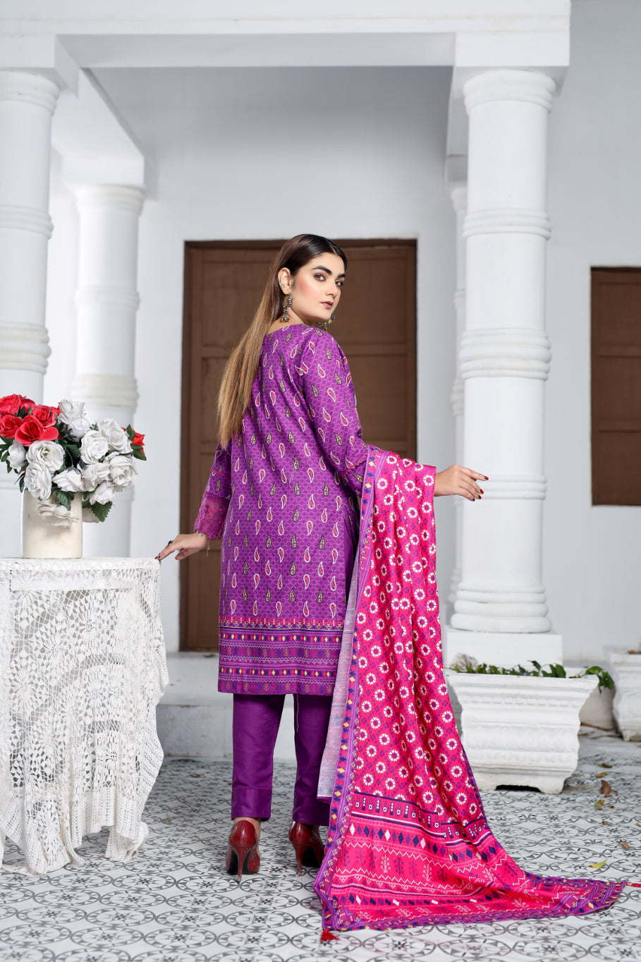 Purple Embroidered & Printed Outfit