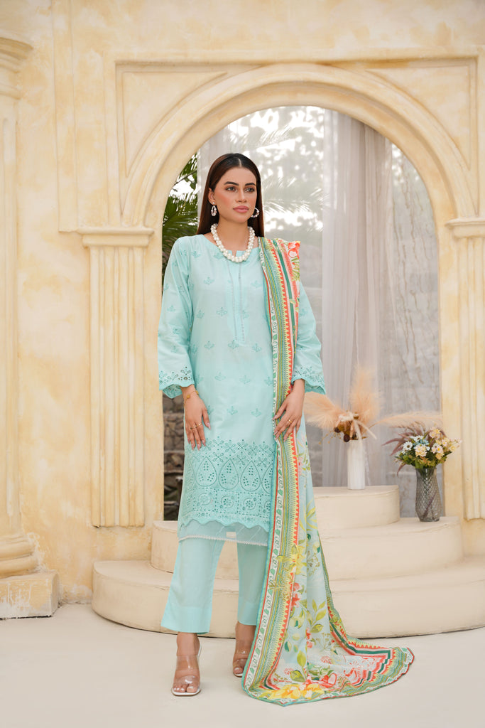 Mint Embroidered and Printed Outfit