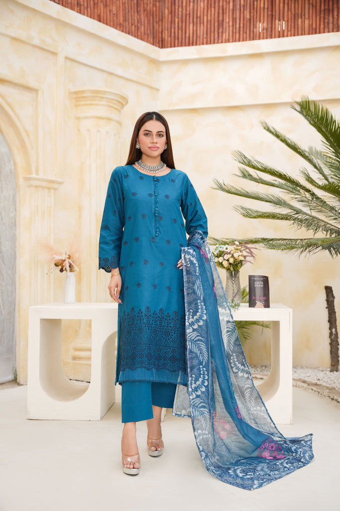 Teal Embroidered and Printed Outfit