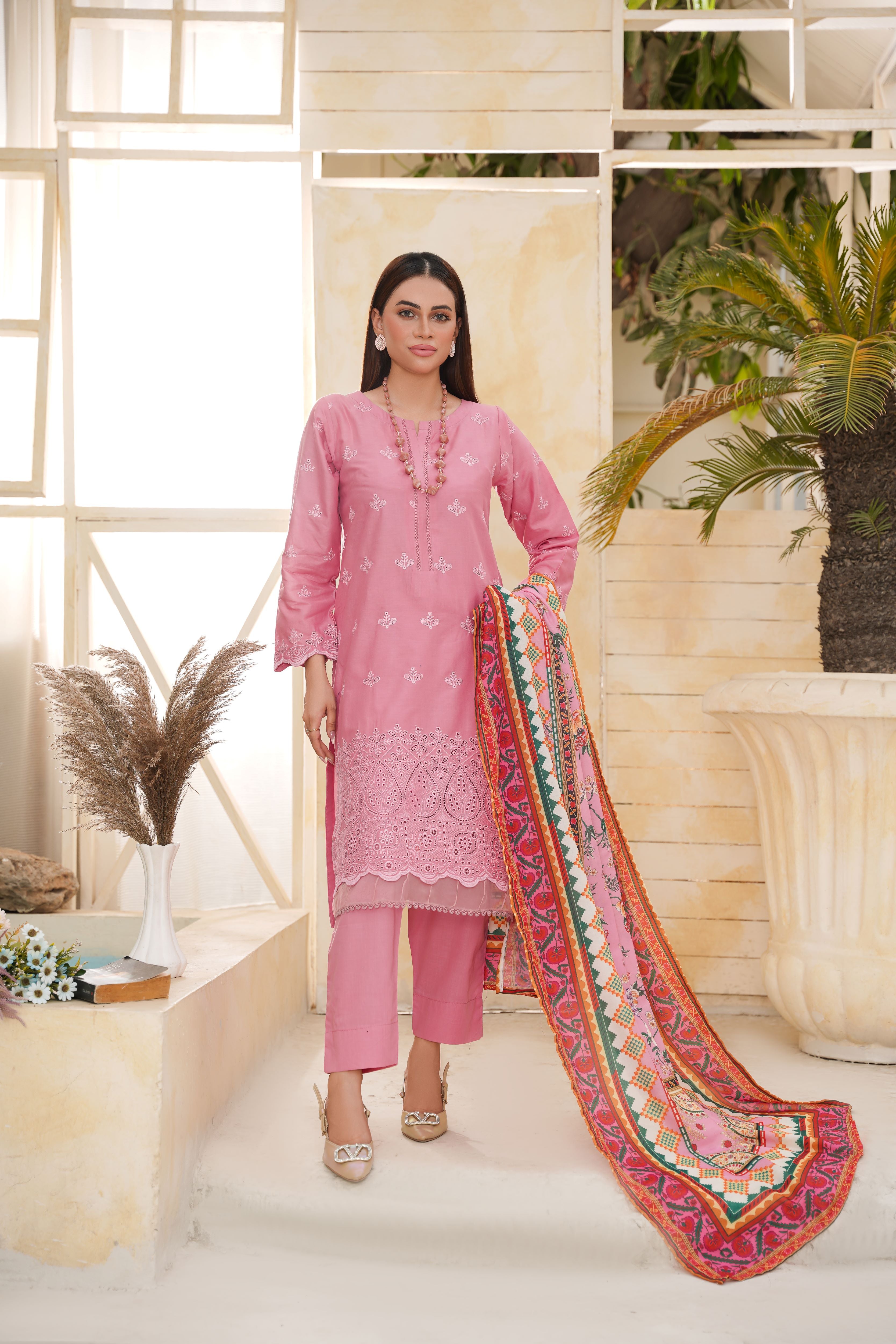 Pink Embroidered and Printed Outfit