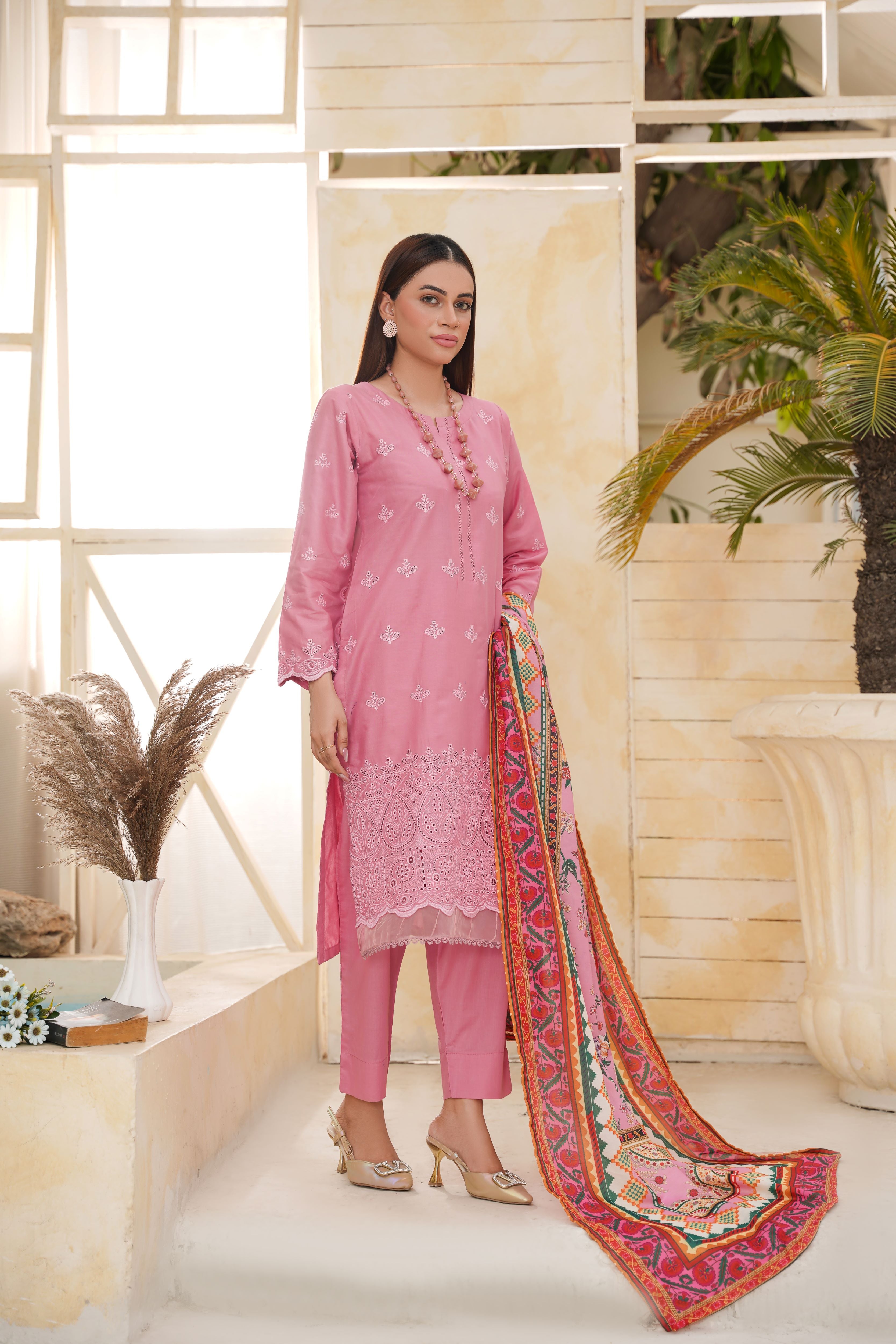 Pink Embroidered and Printed Outfit