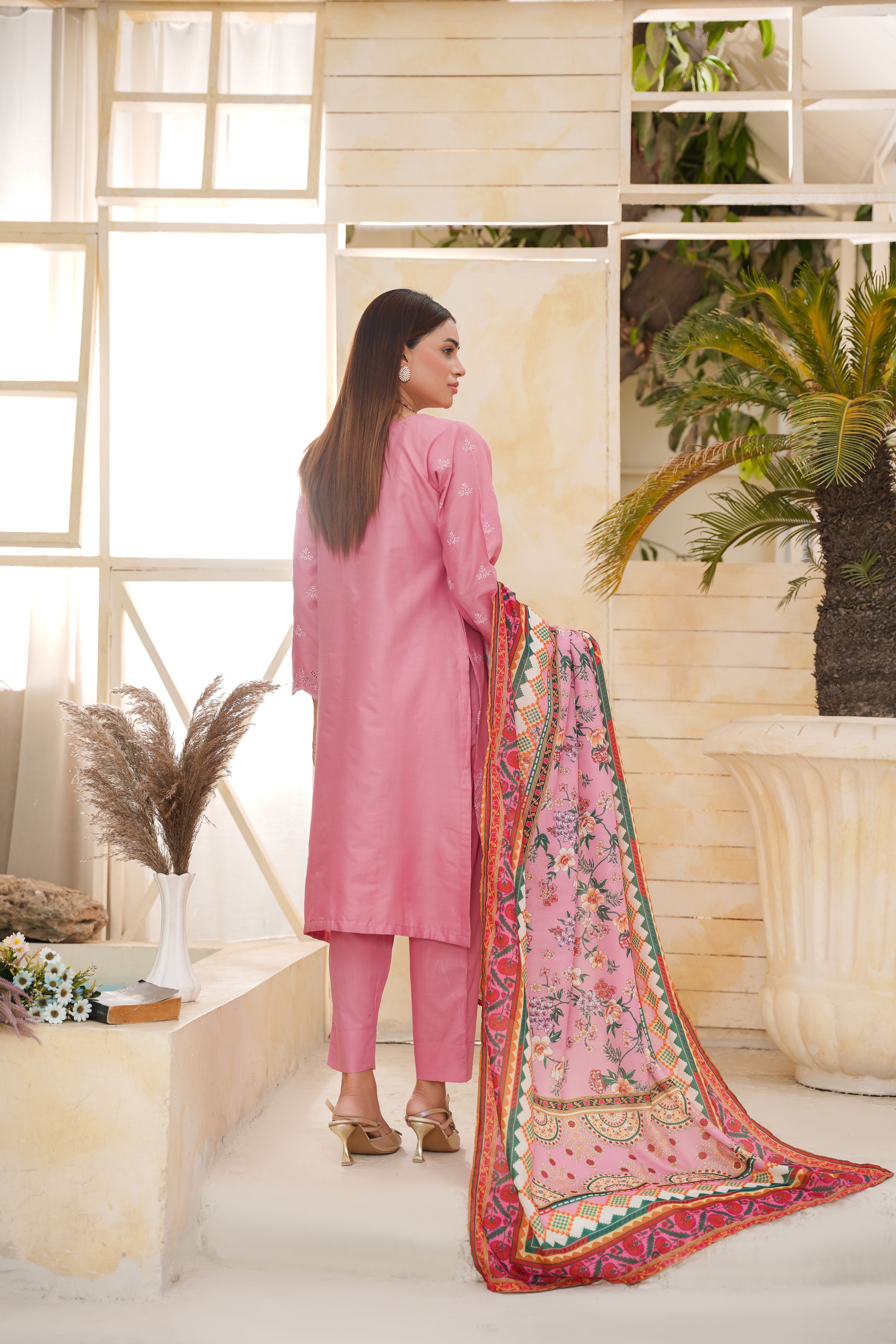Pink Embroidered and Printed Outfit
