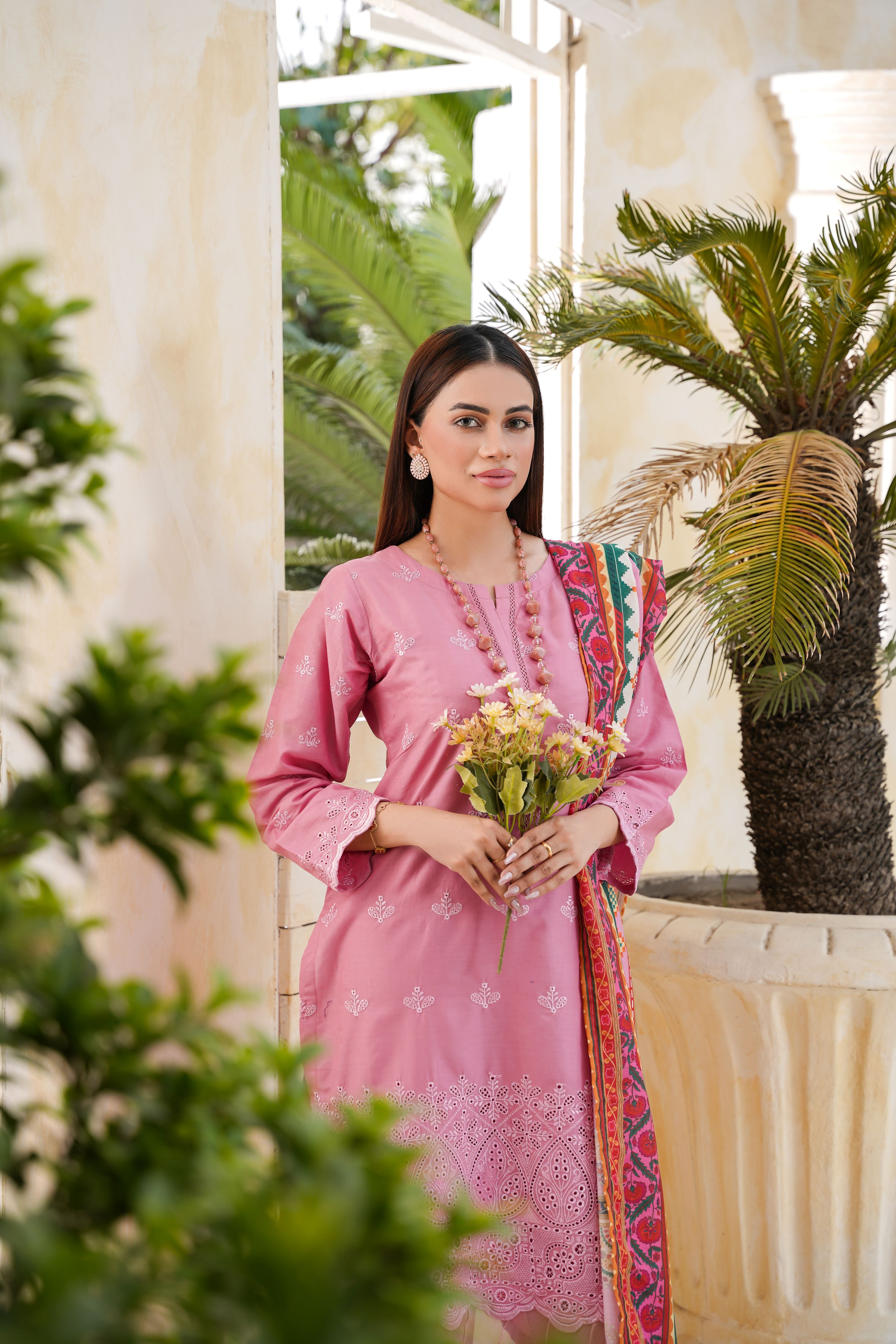 Pink Embroidered and Printed Outfit