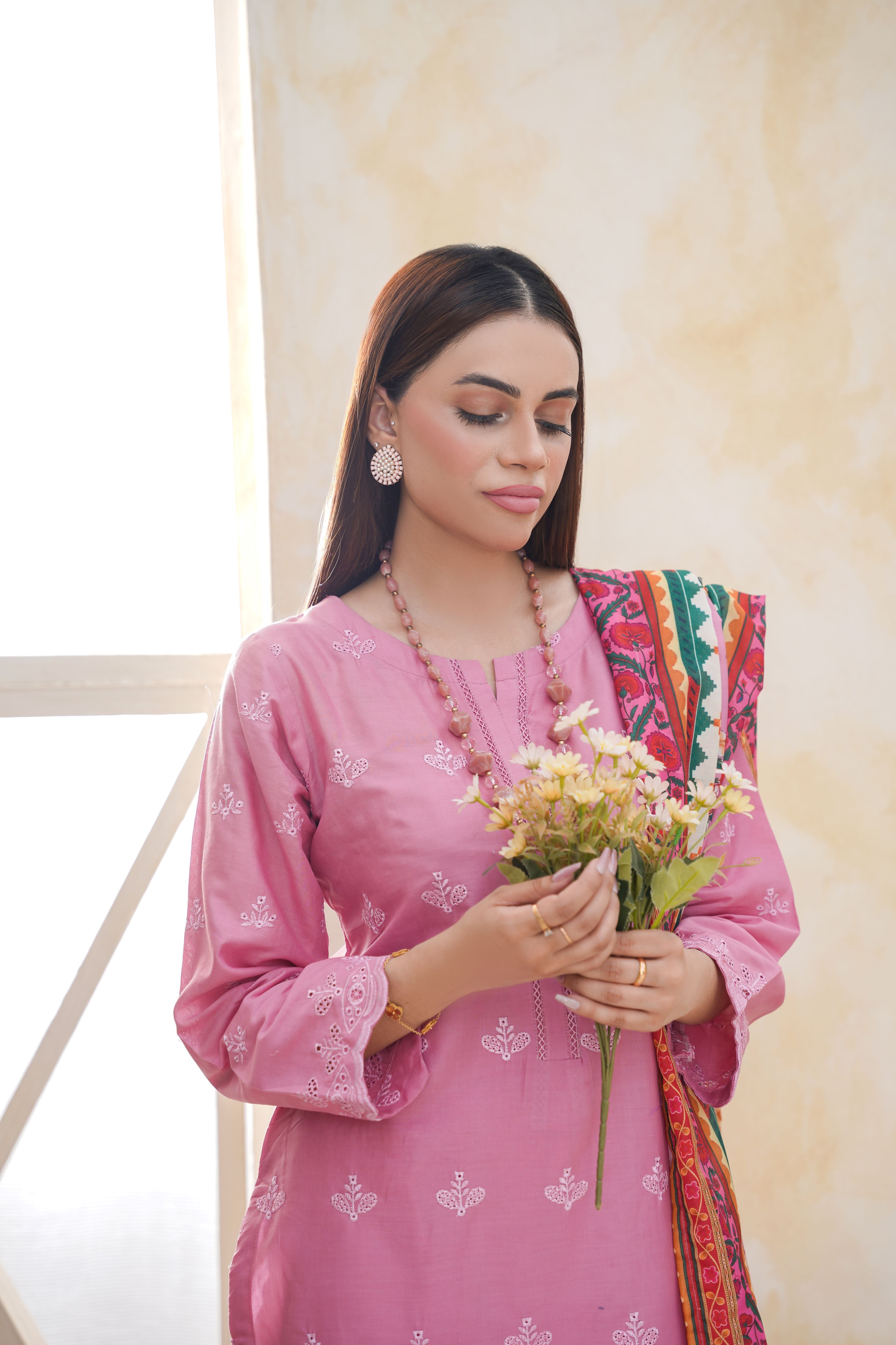 Pink Embroidered and Printed Outfit