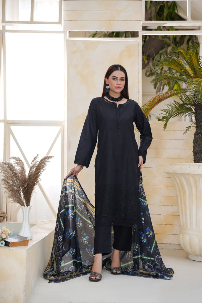 Black Embroidered and Printed Outfit