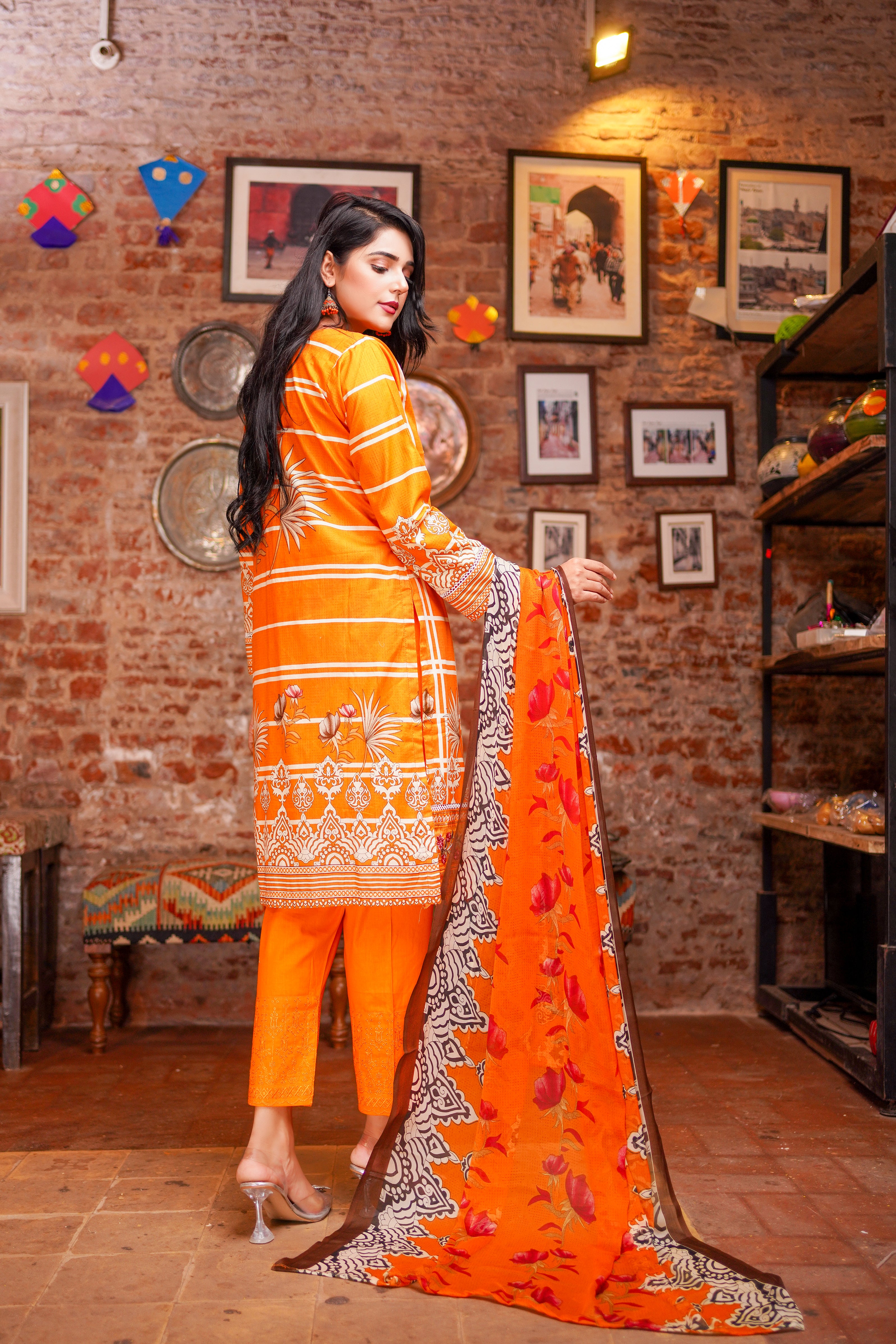 Blaze Orange Embroidered & Printed Outfit