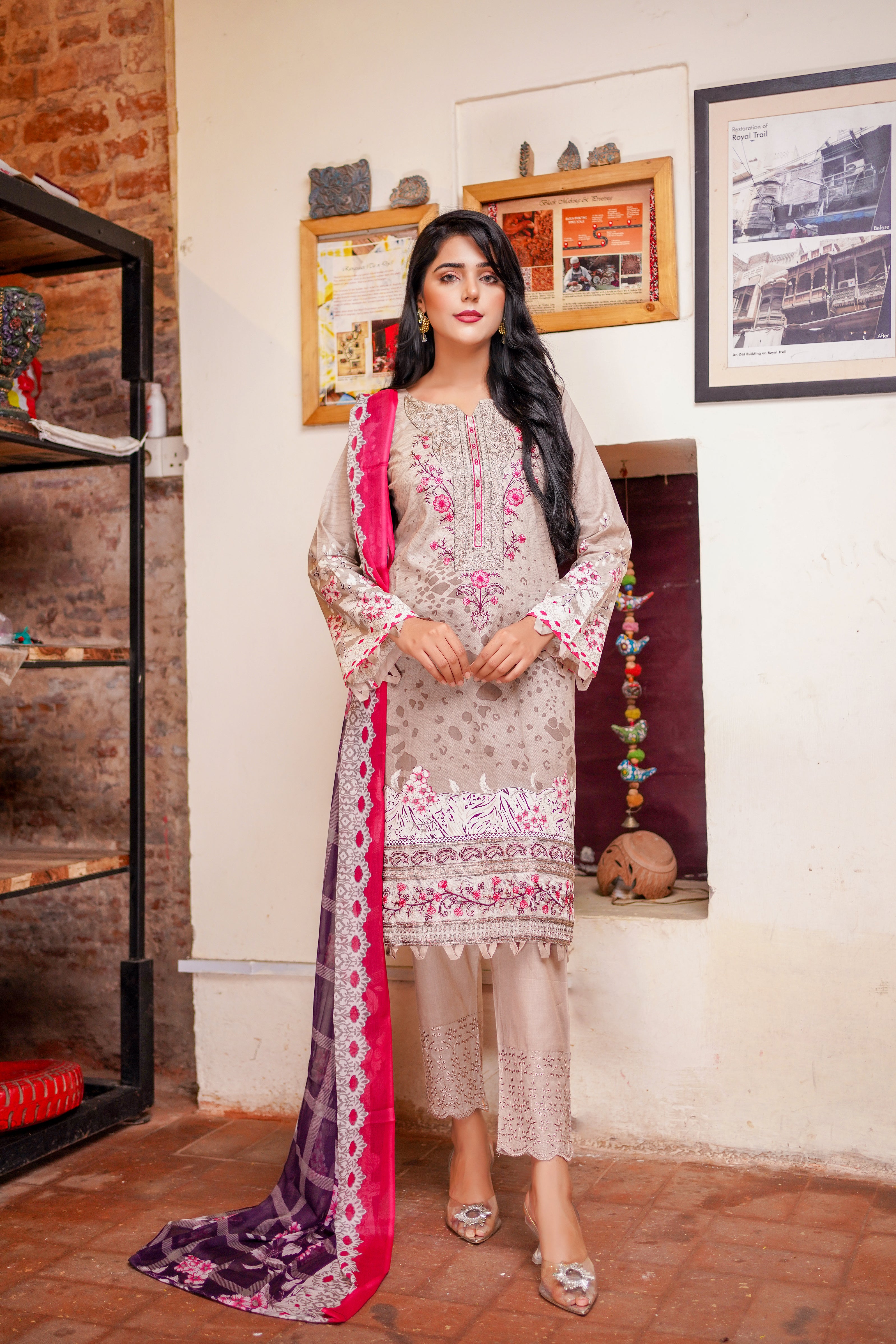 Pink Embroidered & Printed Outfit