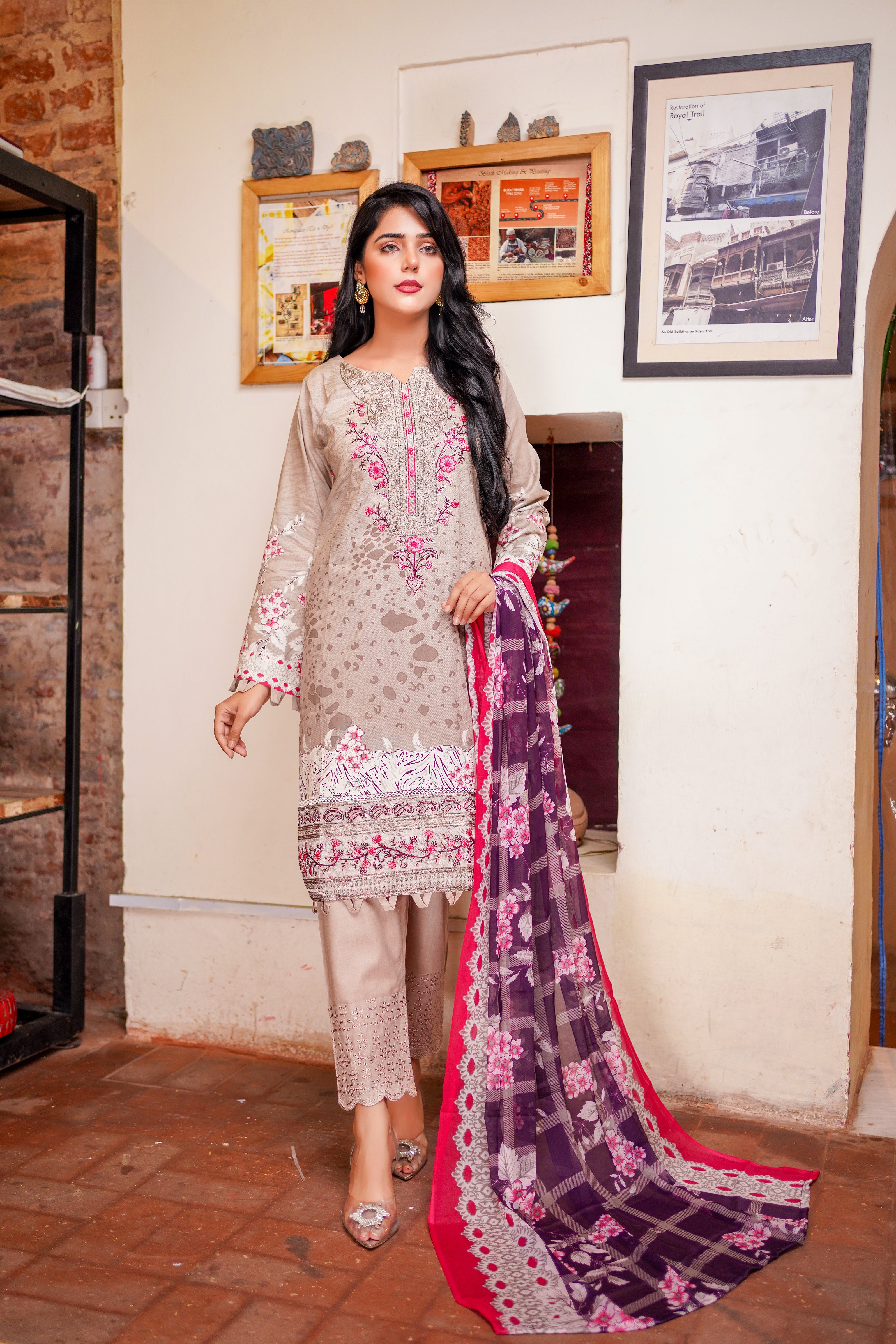 Pink Embroidered & Printed Outfit