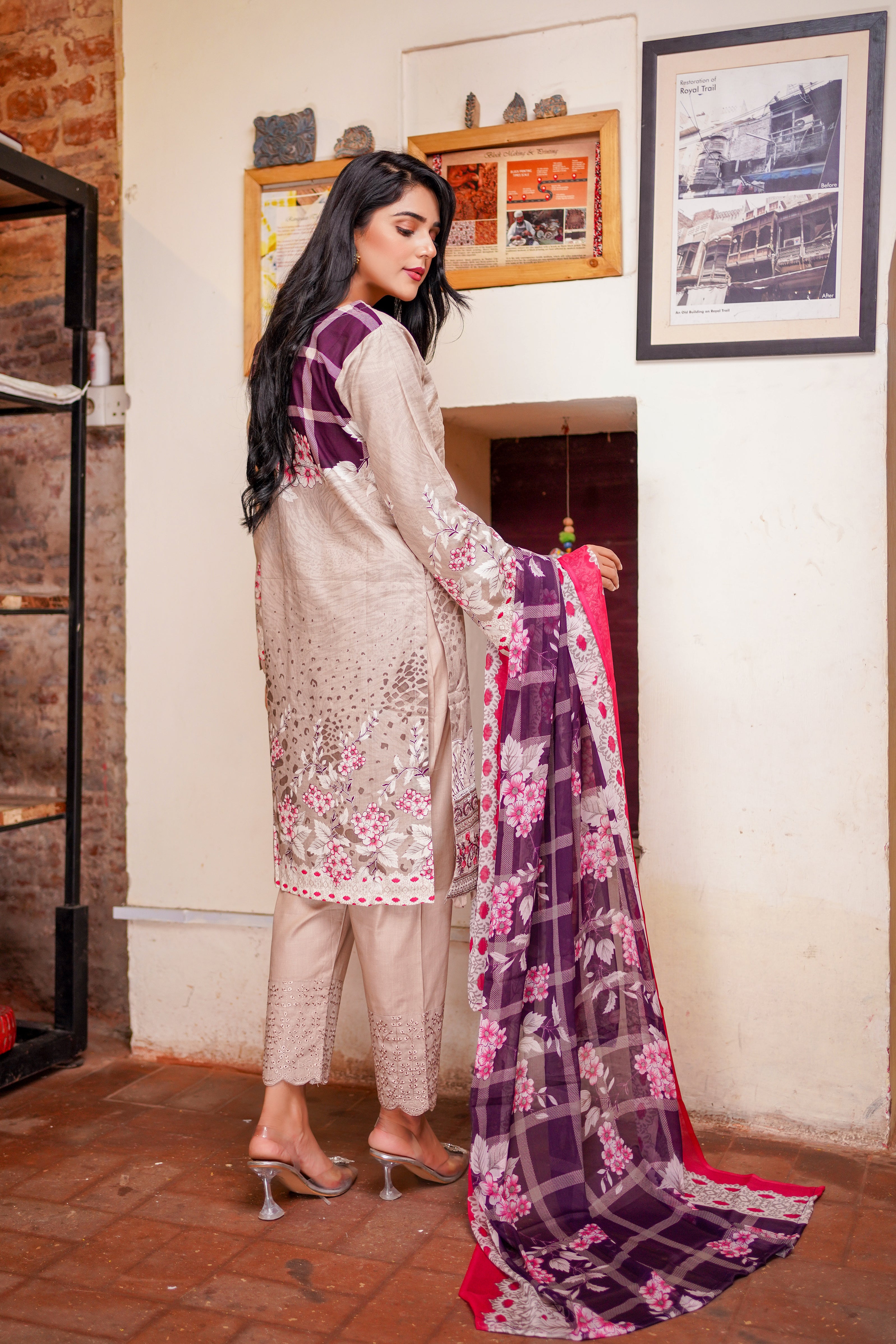 Pink Embroidered & Printed Outfit
