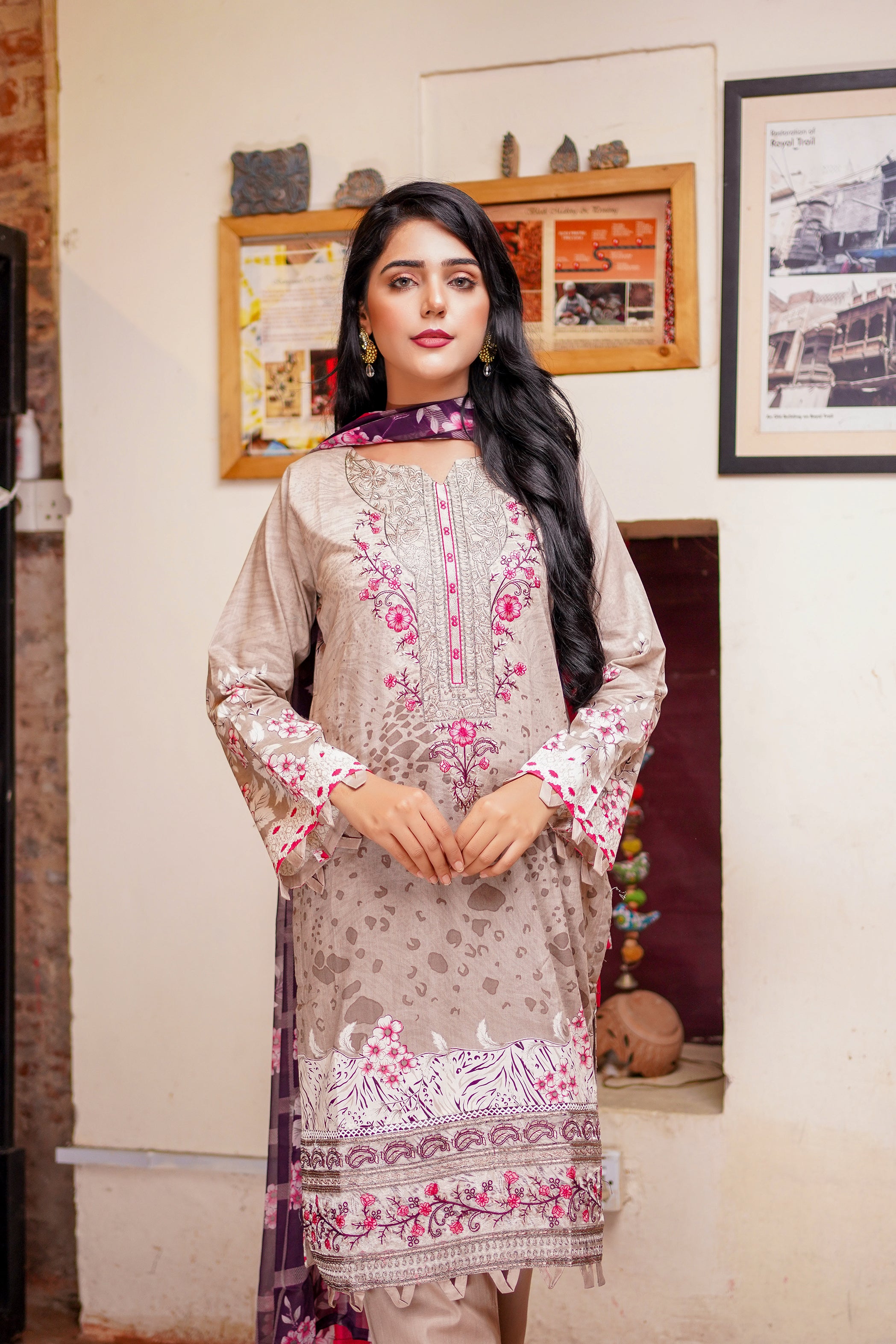Pink Embroidered & Printed Outfit
