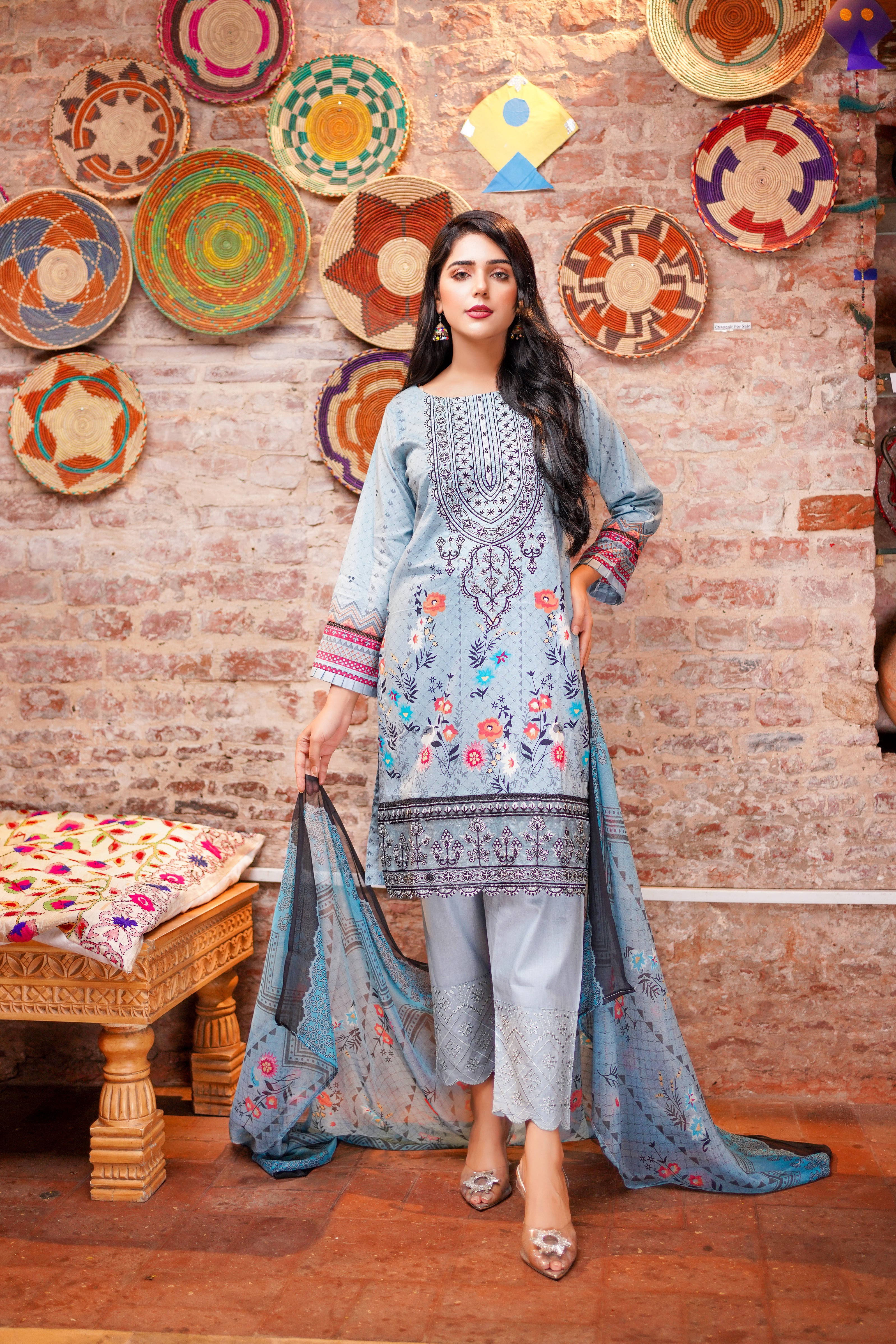 Blue Embroidered & Printed Outfit