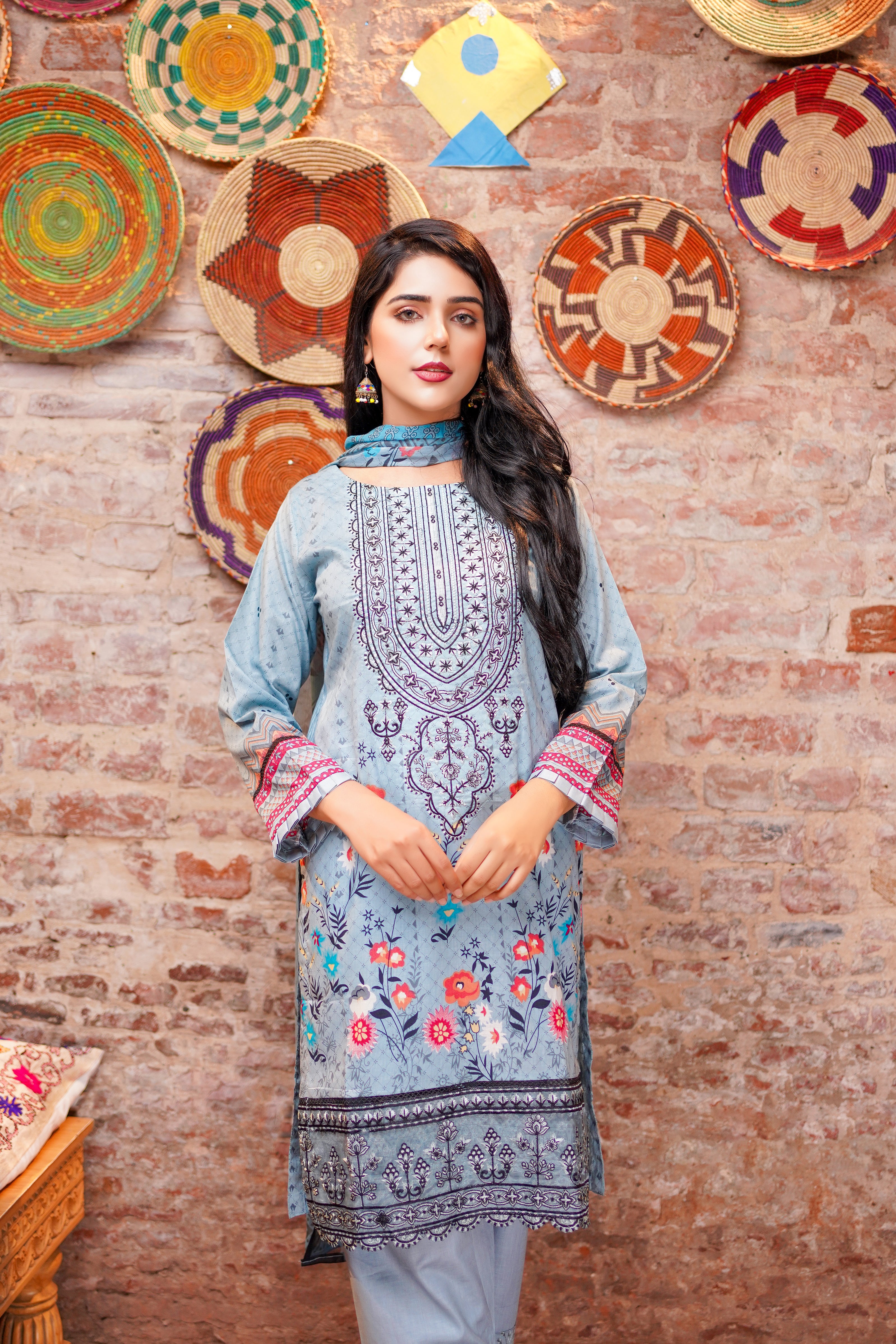 Blue Embroidered & Printed Outfit