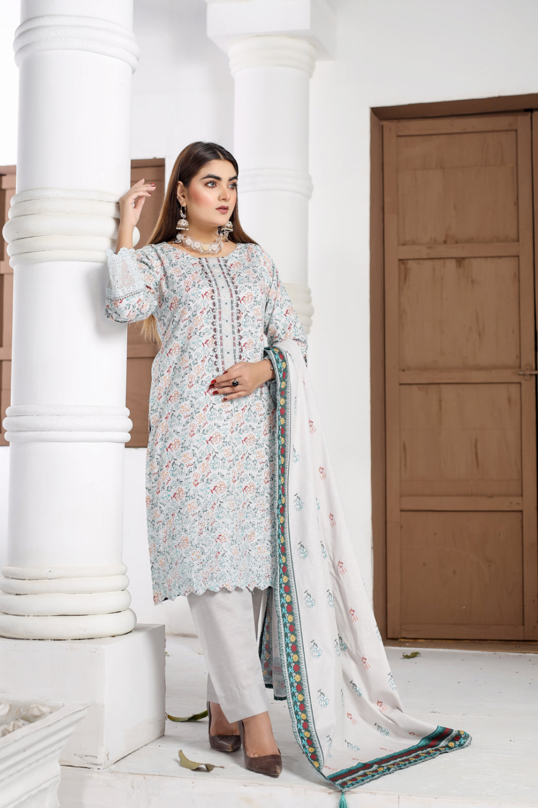 Ice Blue Embroidered & Printed Outfit