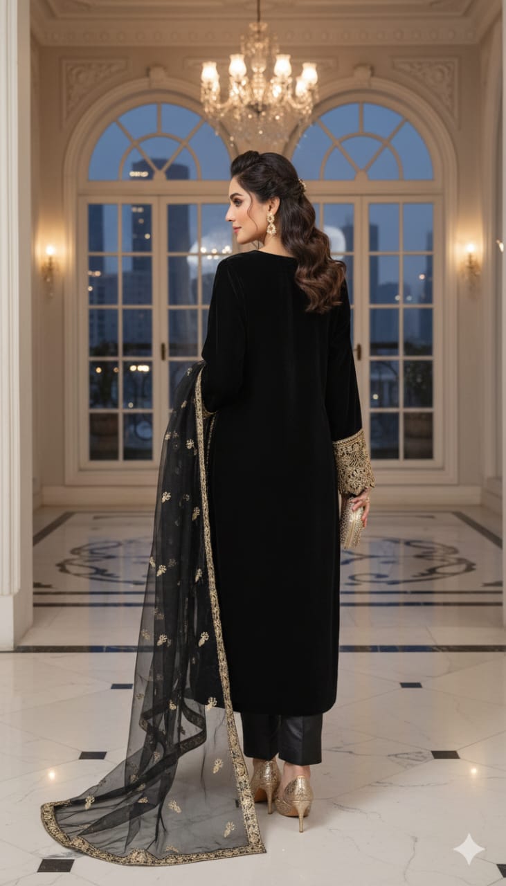 NIVARA- 3 PC EMBROIDERED VELVET OUTFIT - Henna Mehndi