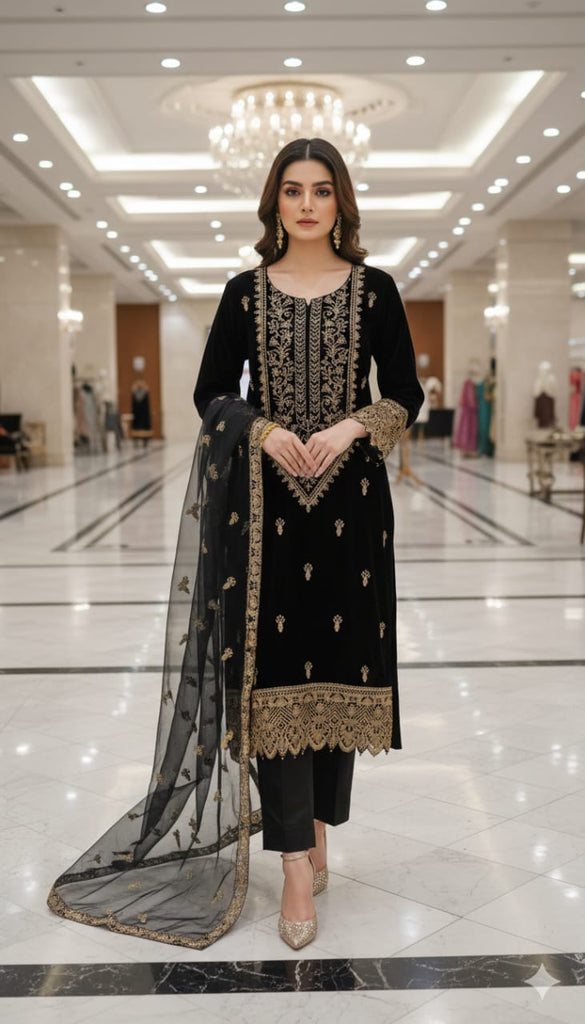 NIVARA- 3 PC EMBROIDERED VELVET OUTFIT