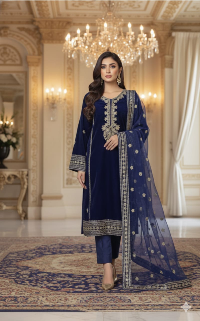 Aura- 3 PC EMBROIDERED VELVET OUTFIT - Henna Mehndi