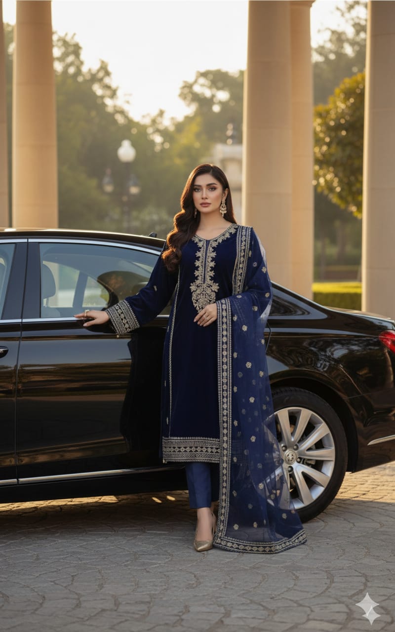 Aura- 3 PC EMBROIDERED VELVET OUTFIT - Henna Mehndi