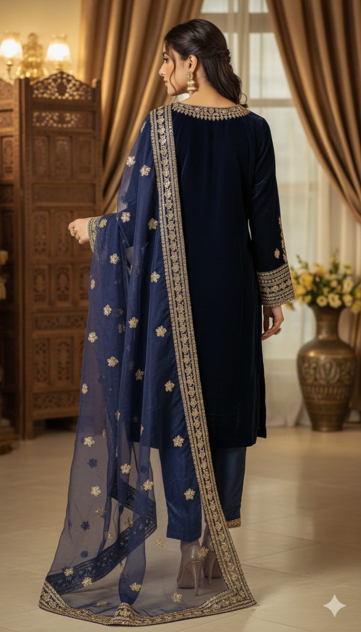 Aura- 3 PC EMBROIDERED VELVET OUTFIT - Henna Mehndi