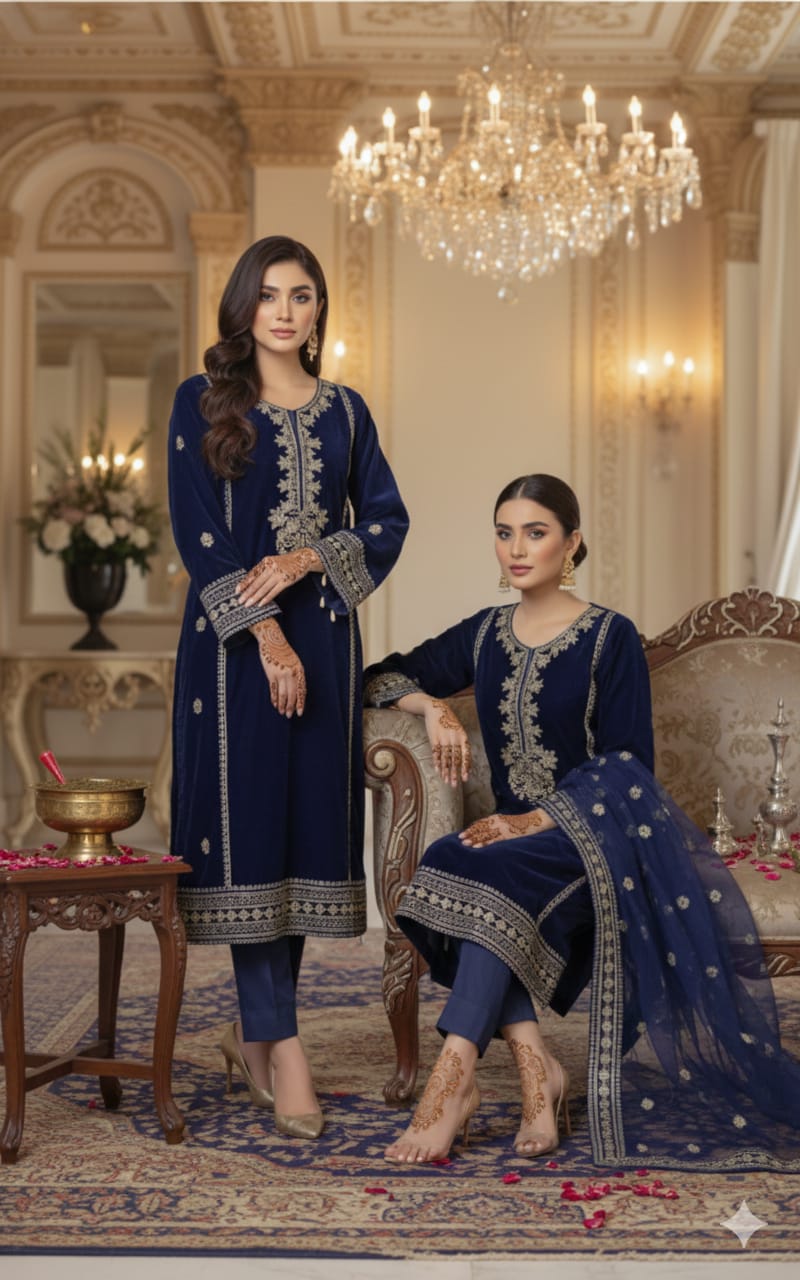 Aura- 3 PC EMBROIDERED VELVET OUTFIT - Henna Mehndi