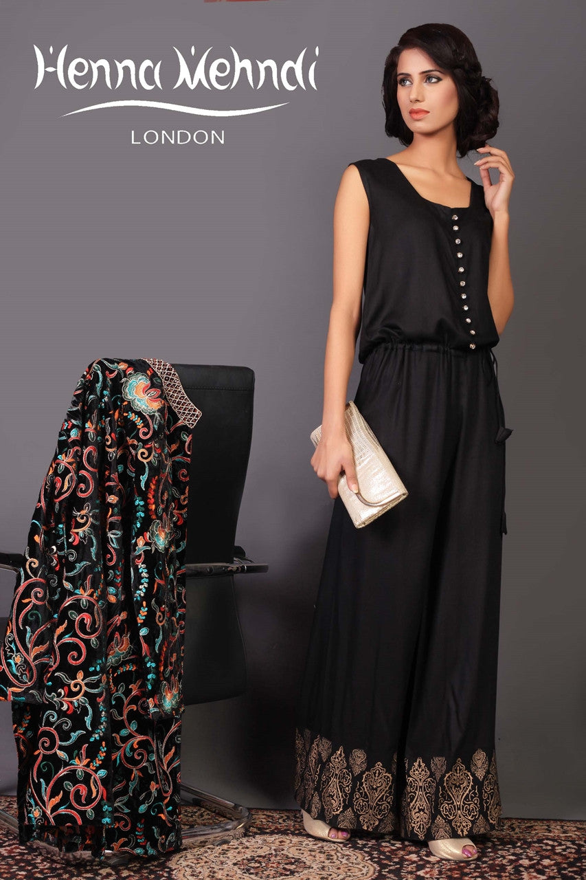 Black Jumpsuit Outfit With Velvet Jacket Henna Mehndi