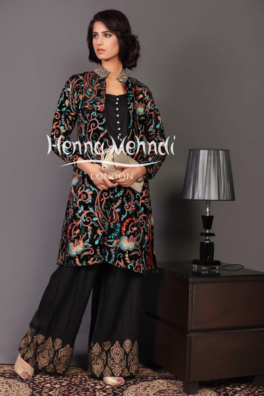 Black Jumpsuit Outfit With Velvet Jacket - Henna Mehndi