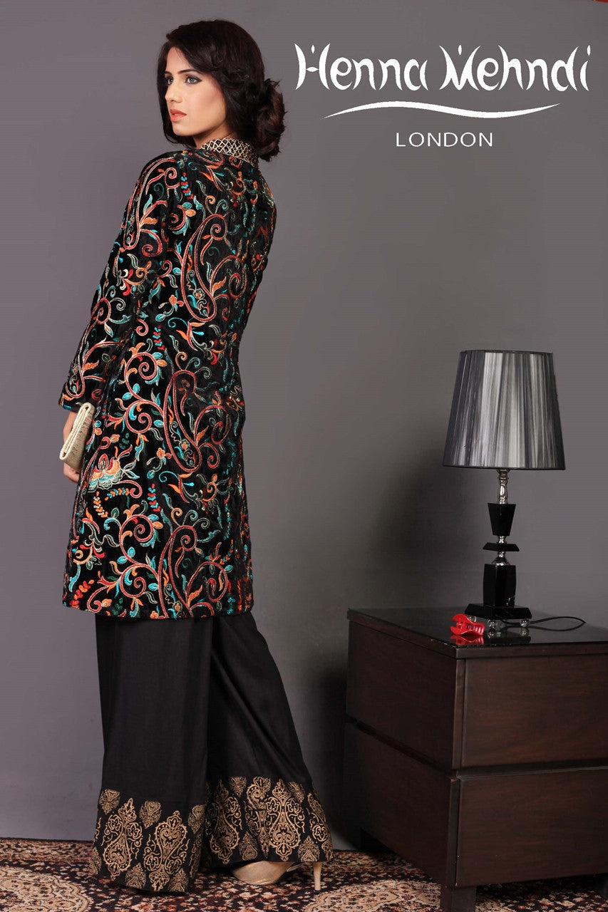 Black Jumpsuit Outfit With Velvet Jacket - Henna Mehndi