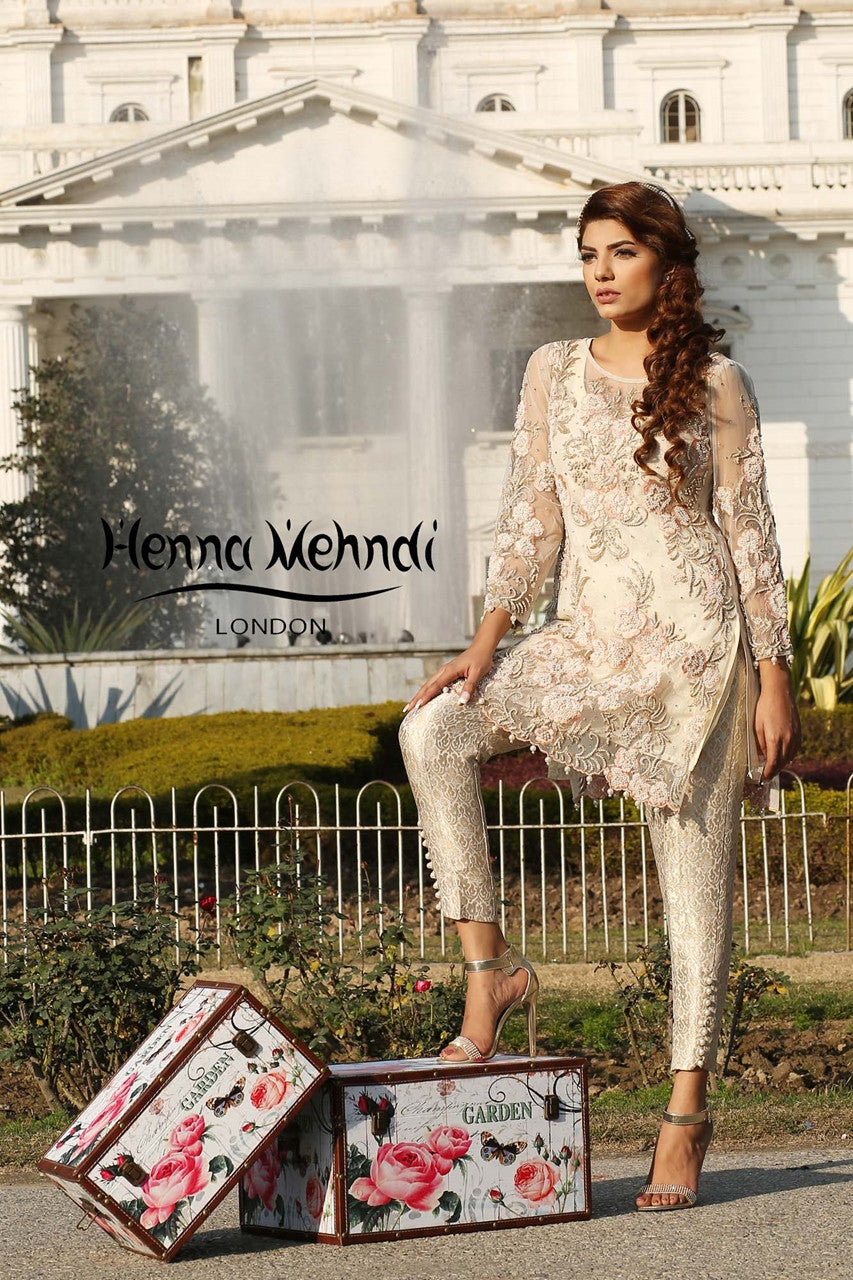 Ivory Net Pearl Embroidered Outfit - Henna Mehndi