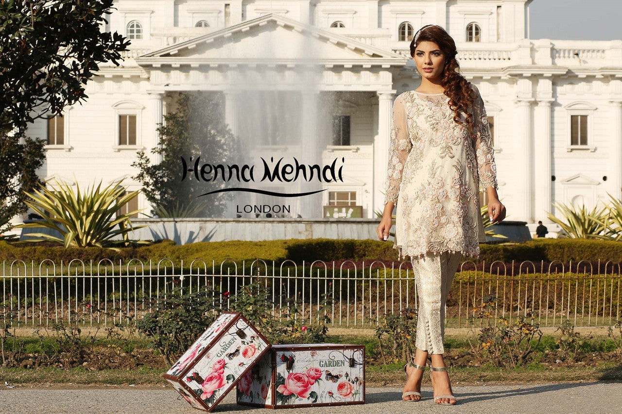 Ivory Net Pearl Embroidered Outfit - Henna Mehndi