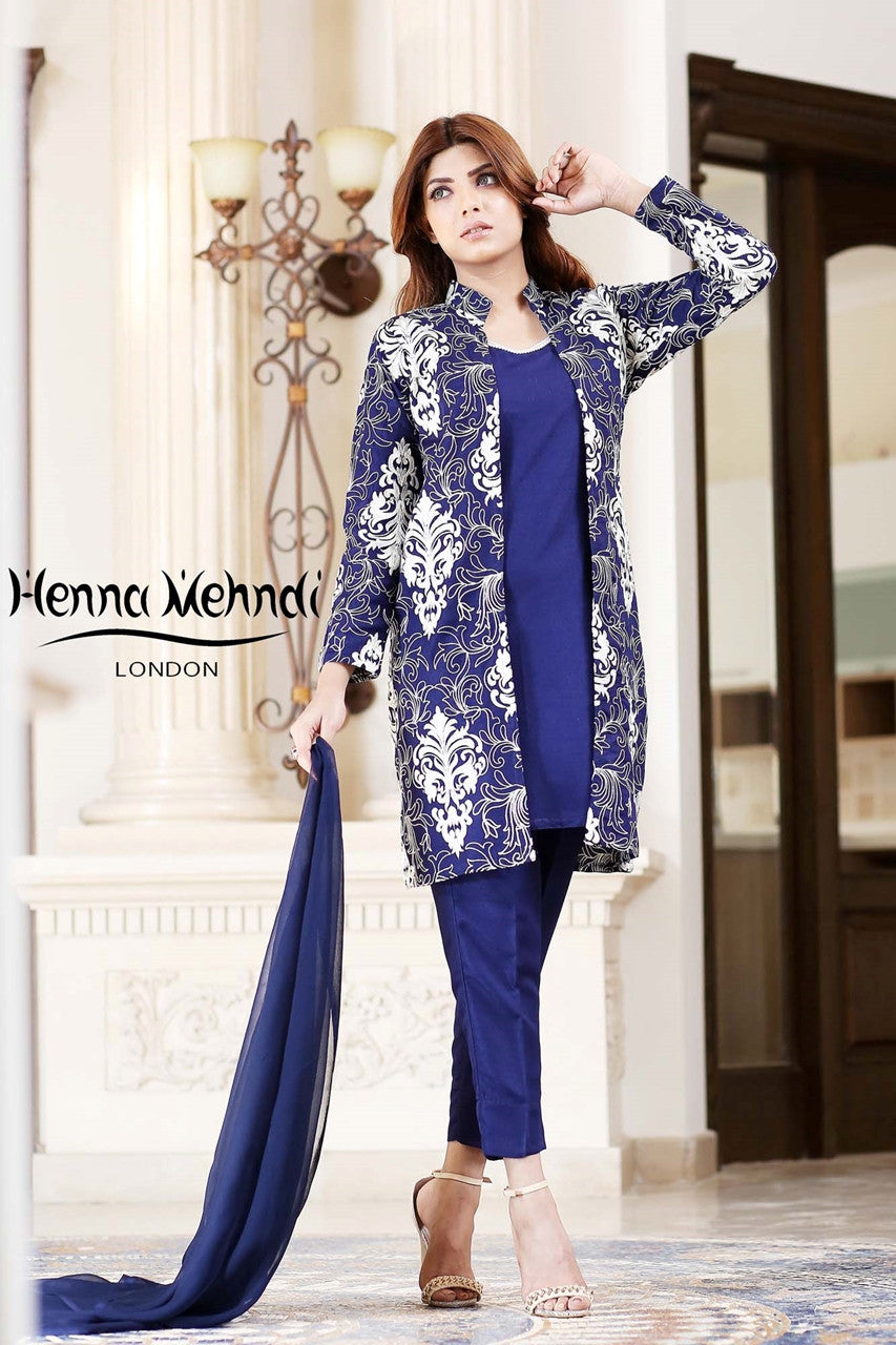 Navy Embroidered Jacket Outfit - Henna Mehndi